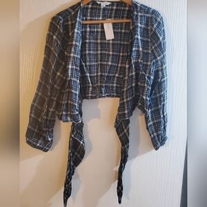 American Eagle Outfitters Navy Plaid Shirt Tie Crop Top - Halloween Cowgirl